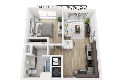 Floor plan for 1 bed, 1 bath, 601 sqft